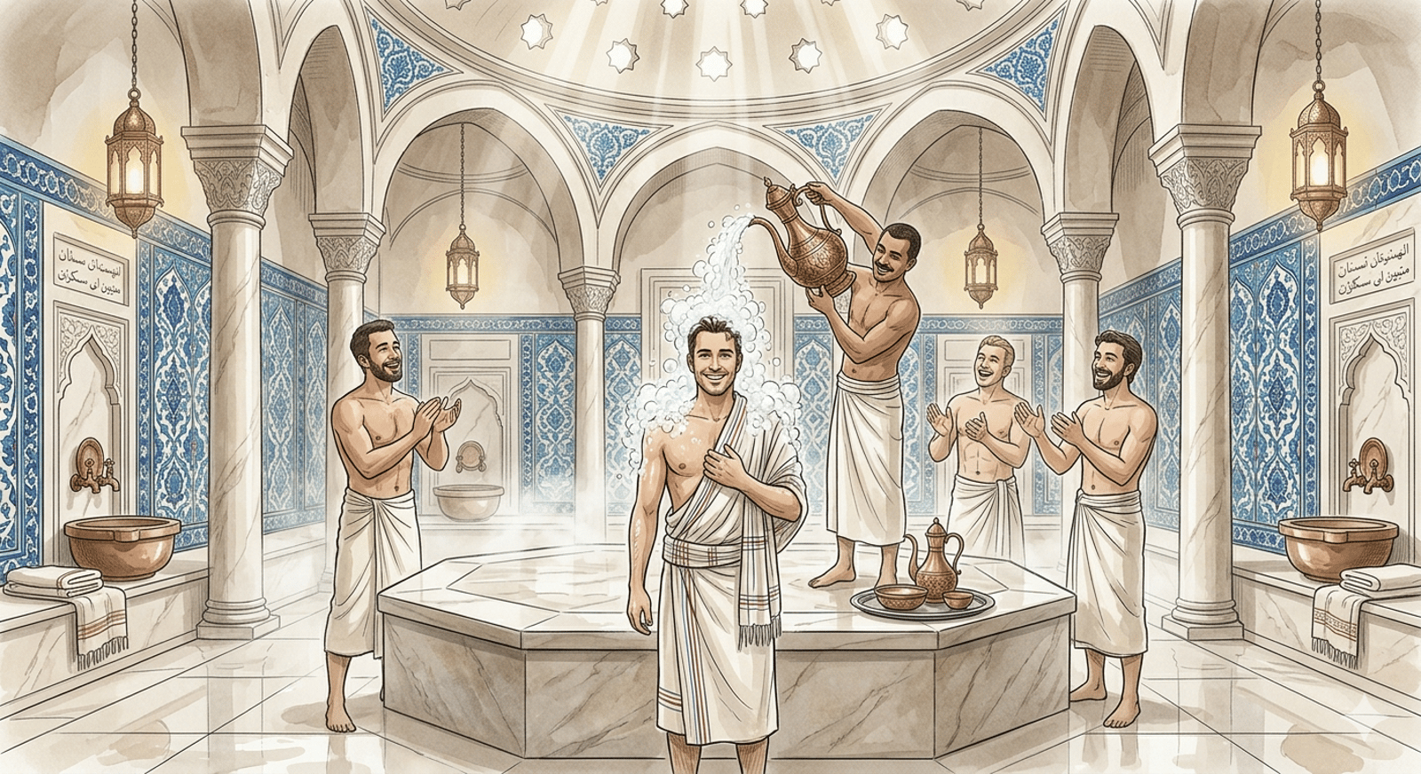 Men's traditional hammam gathering and groom's ritual at the historic Hizirbey Hamami